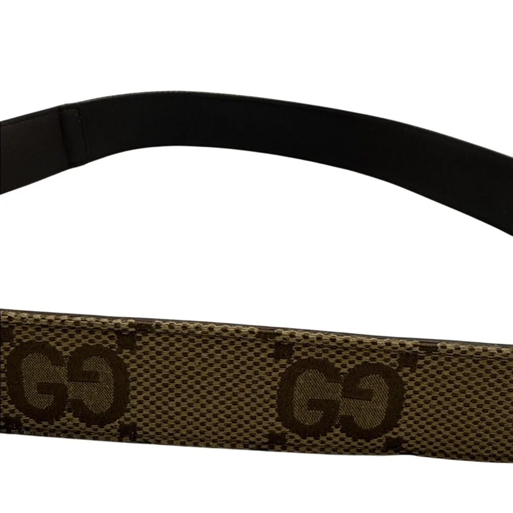 Gucci GG Marmont Belt Beige Canvas Brown Leather Gold GG Buckle Women's SZ 80CM‎